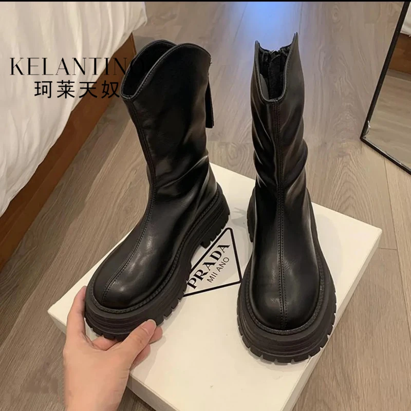 KELANTINO厚底粗跟马丁靴女2025秋季新款百搭短靴复古英伦风单靴i