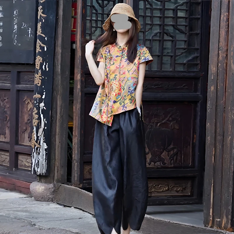新中式国风套装女夏季大码胖mm斜襟衬衫阔腿裤气质减龄高级两件套