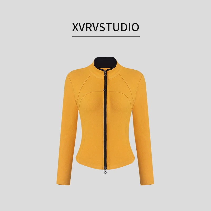 XVRV2025秋冬新款时尚修身立领撞色运动双开拉链小外套女长袖上衣