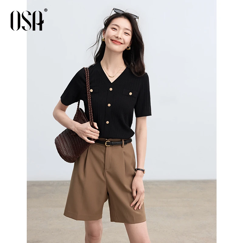 OSA/欧莎 【丝光棉T】勤修身显瘦V领针织衫女夏季通短款S125B16021