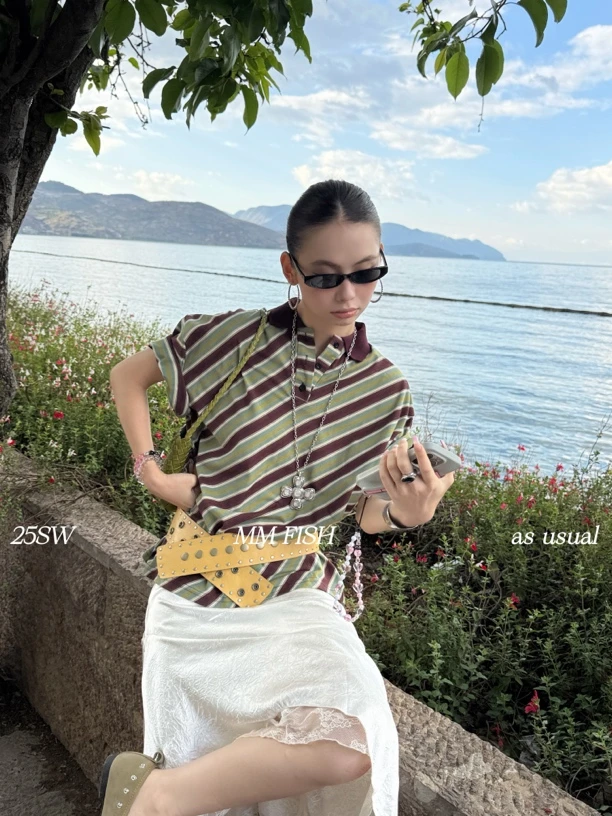 馒头（1mtt219#）斜条纹的！Polo运动翻领百搭11宽松T恤  5-22