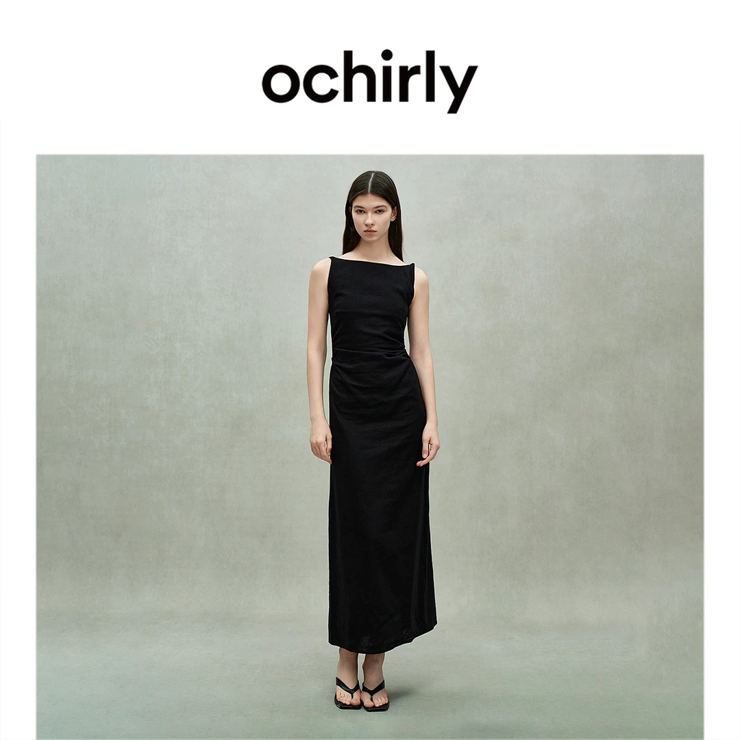ochirly欧时力 亚麻收褶小黑裙无袖连衣裙礼服气质夏季2025新品