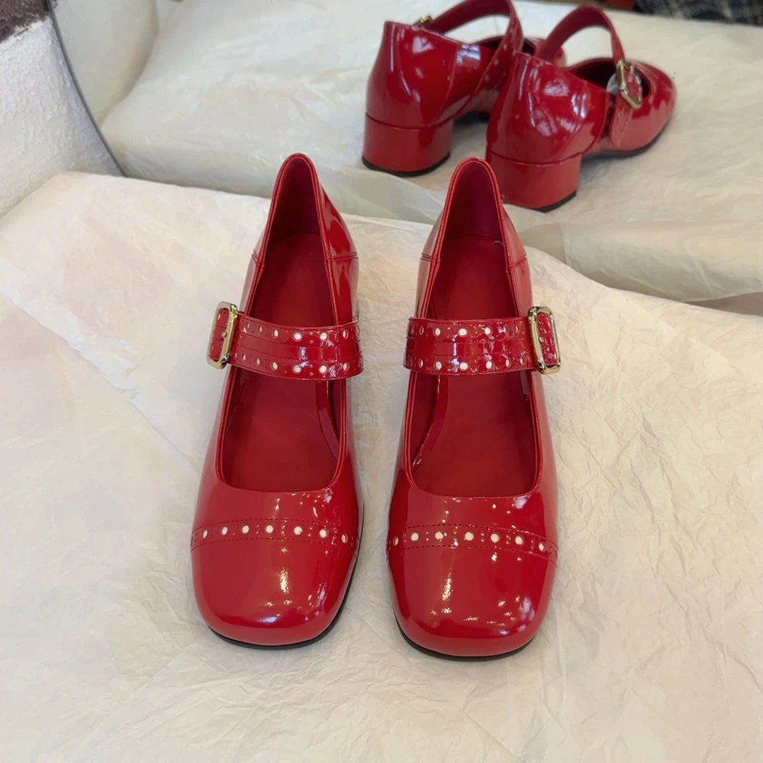 【六呈六】牛皮/4CM/中粗跟极简轻奢气质一字带玛丽珍浅口单鞋女