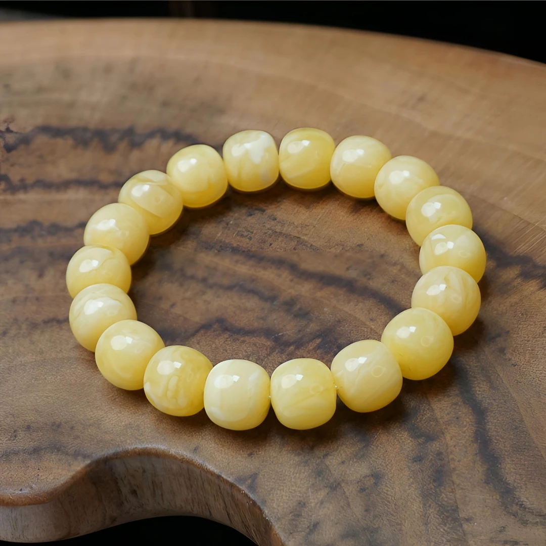 【赢玺珠宝】琥珀蜜蜡 13mm+精工奶糖蜡老型手串 单圈文玩珠宝 黄色