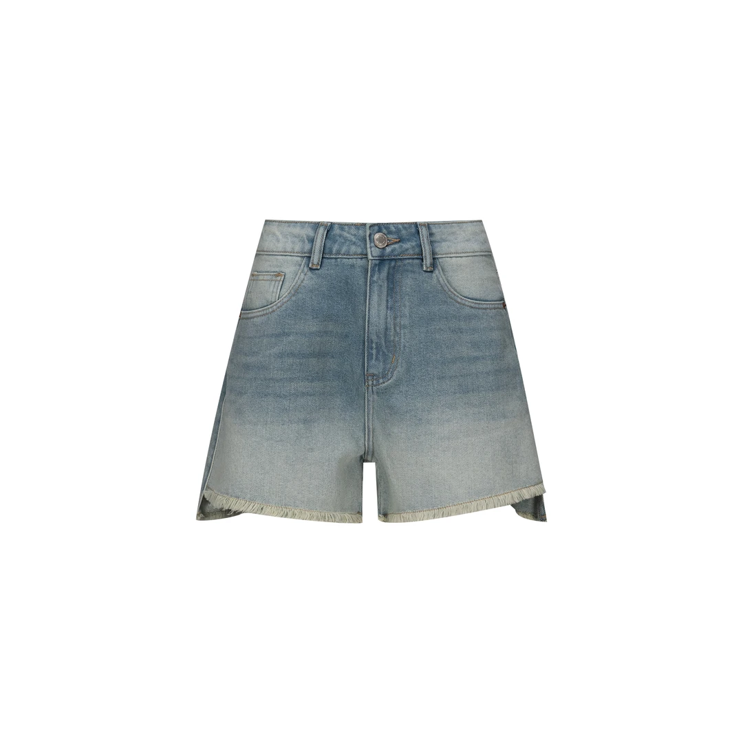 【渐染毛边短裤】高腰渐变色怀旧酵洗高棉牛仔热裤WT42SYA030