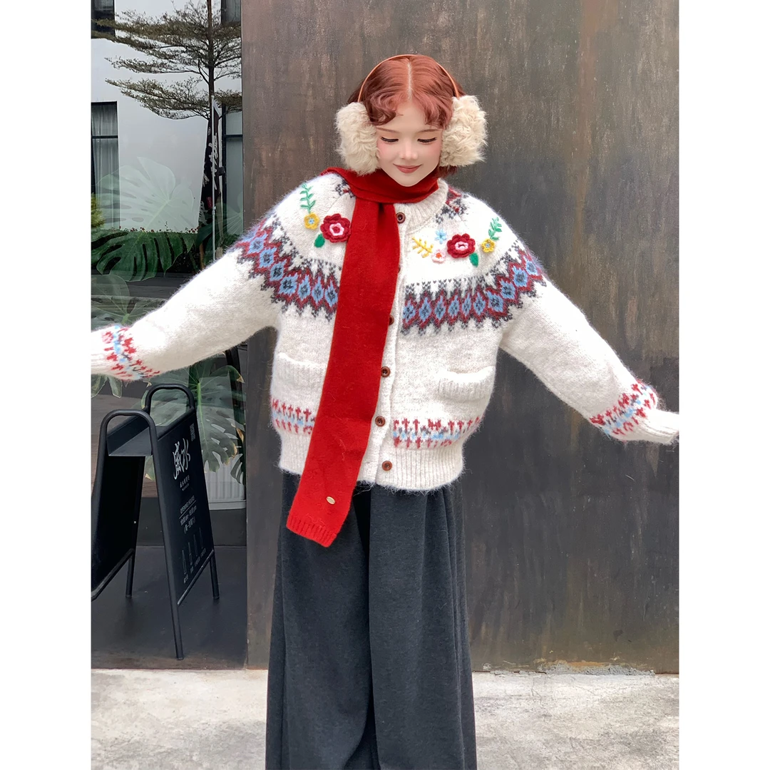 慵懒松弛感费尔岛毛衣外套女秋冬手工立体钩花针织开衫M167