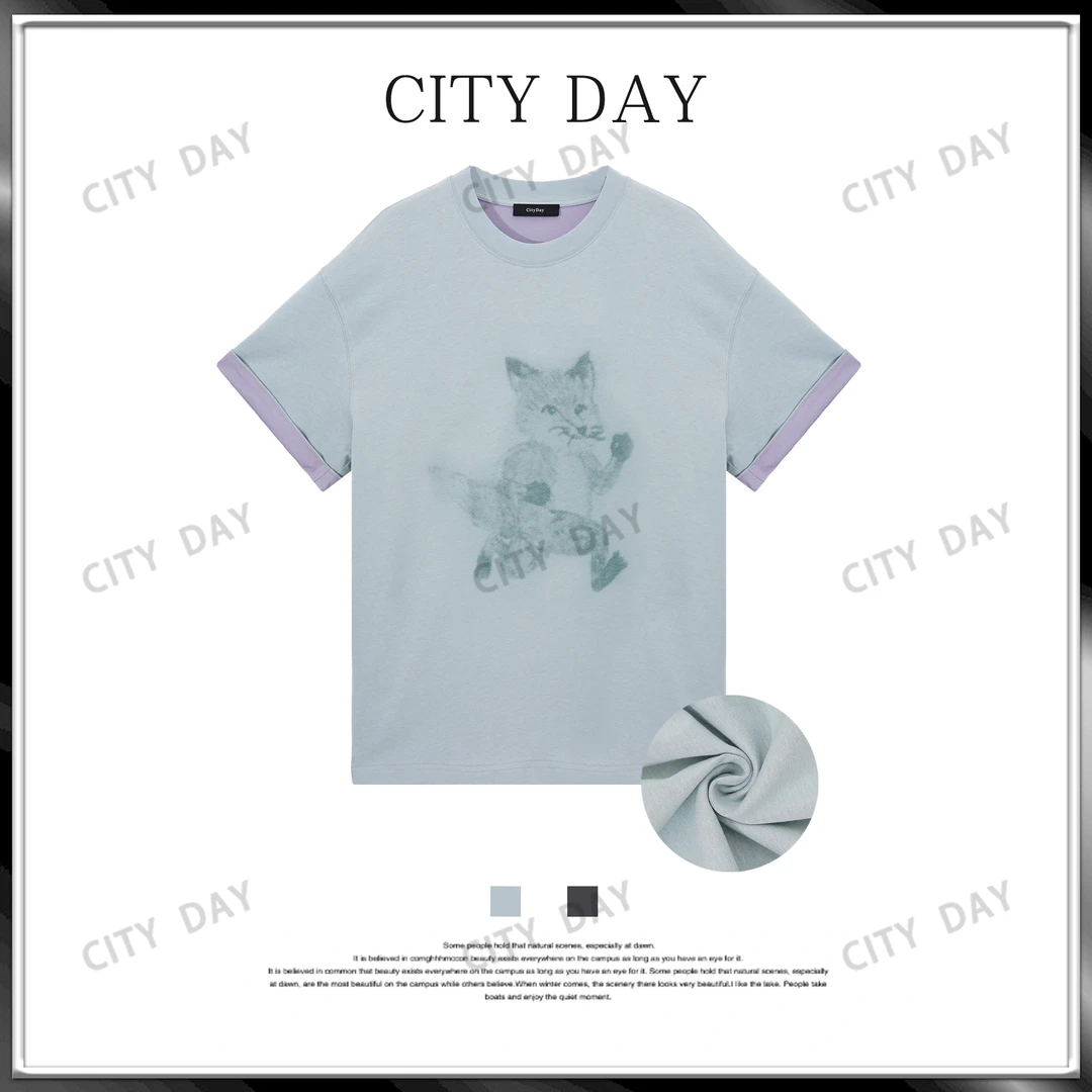 CityDay【楠哥】趣味狐狸 240g双面双色撞色拔印廓形短袖T恤 60010