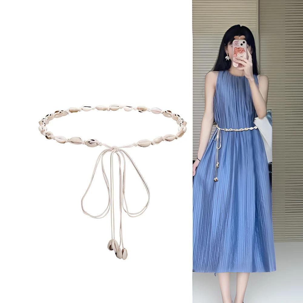 白色腰绳波西米亚民族风编织细腰带女贝壳装饰配连衣裙子夏季配