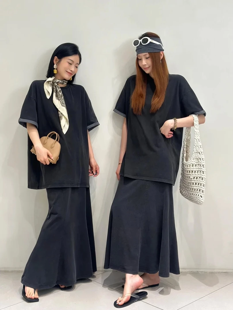 极简水洗圈棉半袖卷边T恤➕鱼尾半长裙套装