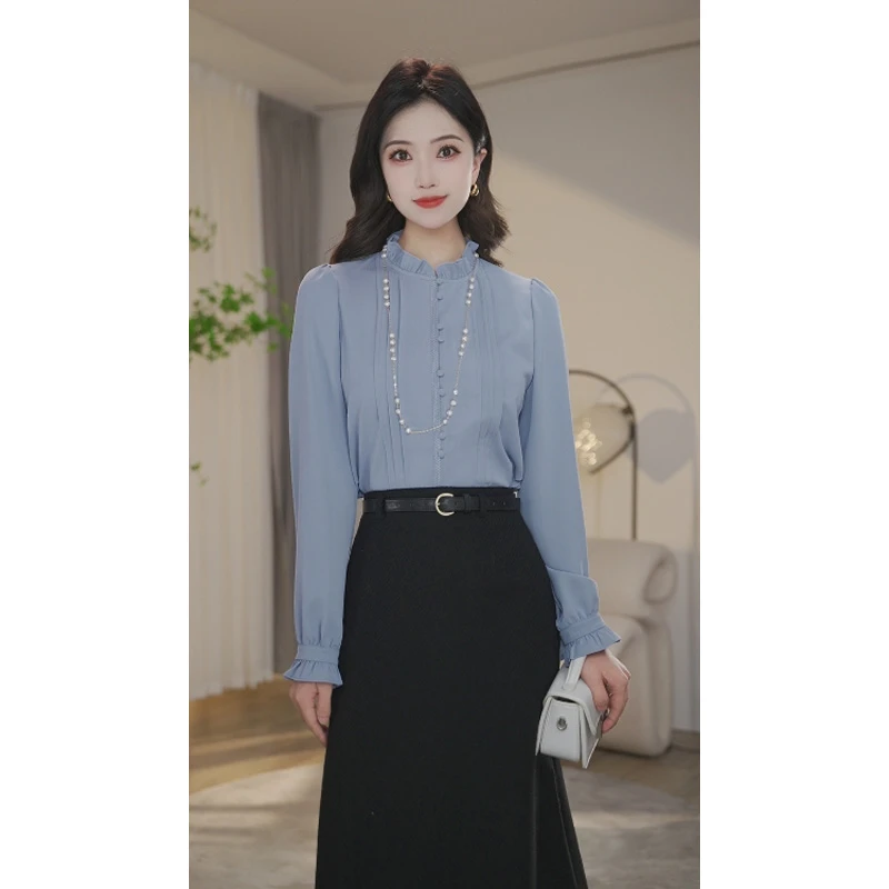 【曼贝】2025新款春季蓝色复古衬衣衬衫女长袖设计感8591086【珮珮】