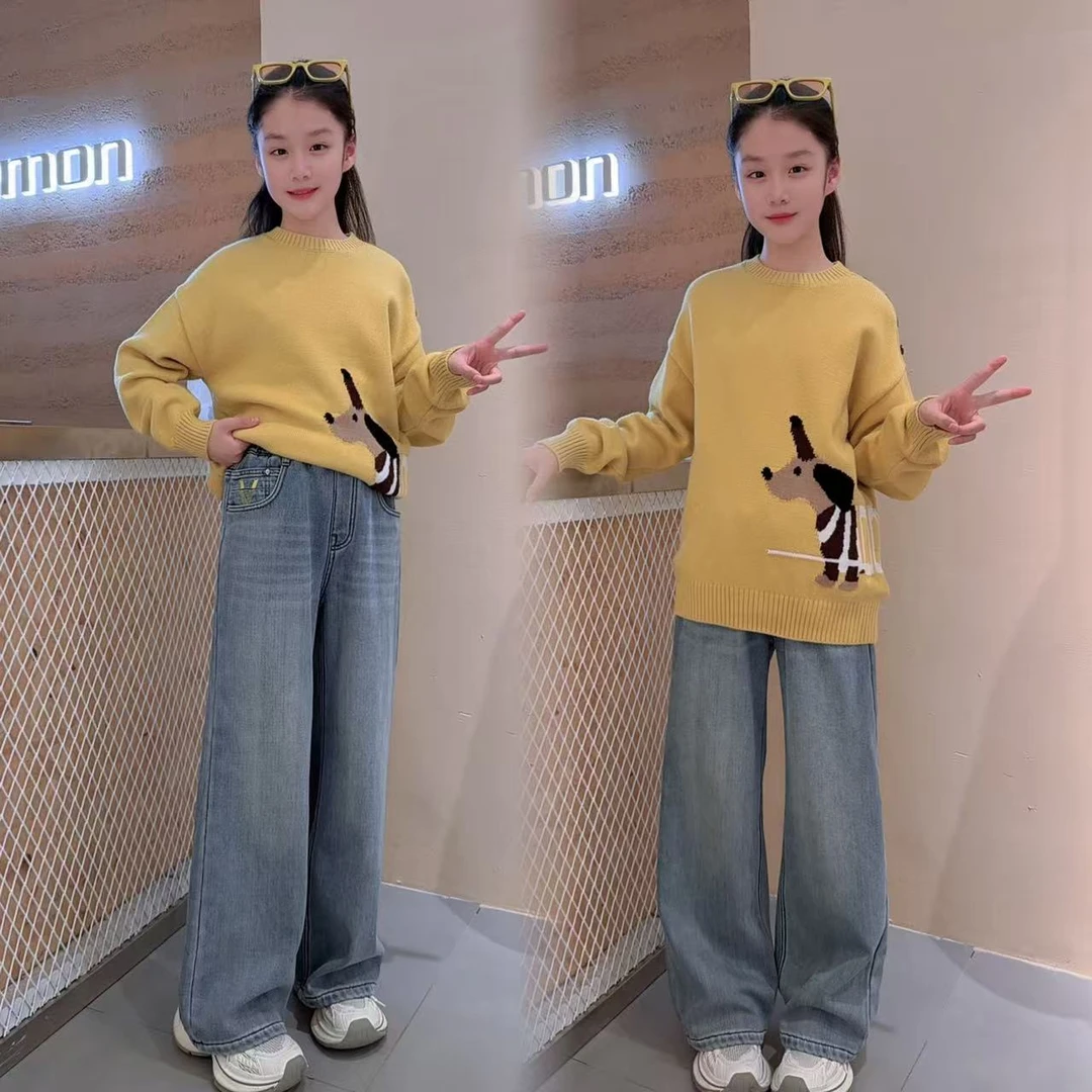女童毛衣套装秋冬新款保暖毛衣女孩中大童加绒弹力牛仔裤两件套潮