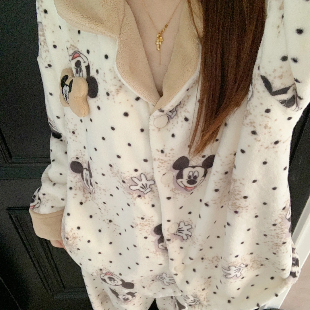 网红风睡衣女冬季加绒加厚卡通米奇宽松休闲韩系珊瑚绒家居服套装