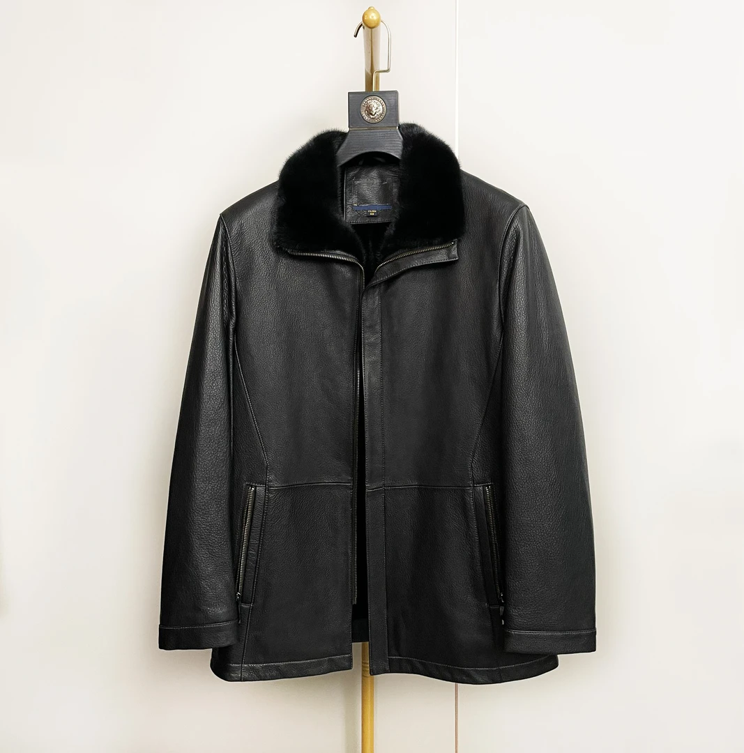 奢华！头层羊皮+水貂毛领 真皮皮衣男加绒内胆高级商务保暖外套