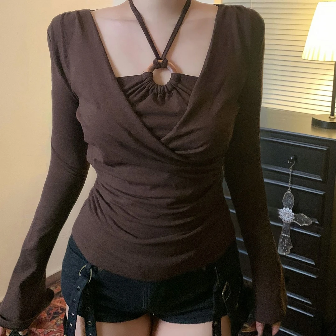 圆环挂脖假两件拼接长袖T恤女秋季新款轻熟风棕色显瘦打底衫上衣