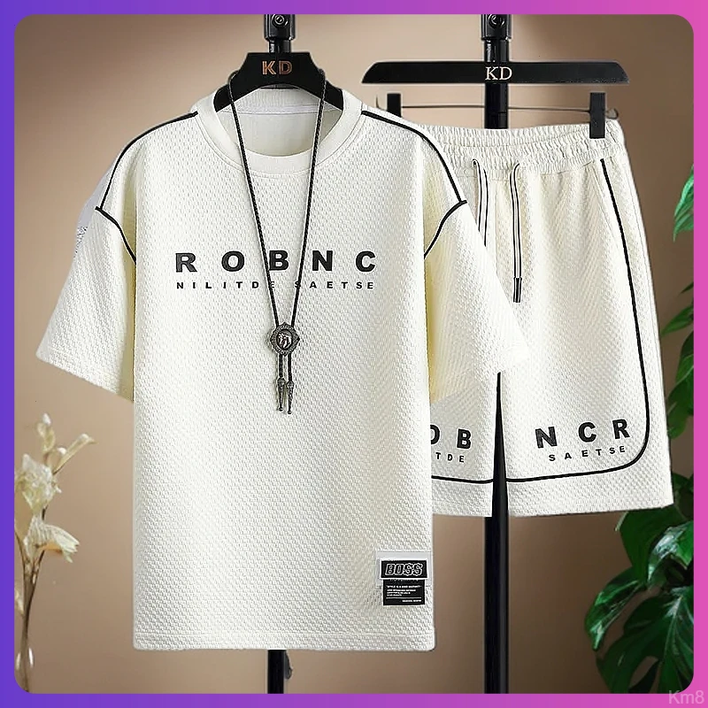 V1M帅气夏季T恤宽松五分裤薄款透气男装两件套装潮流运动青少年