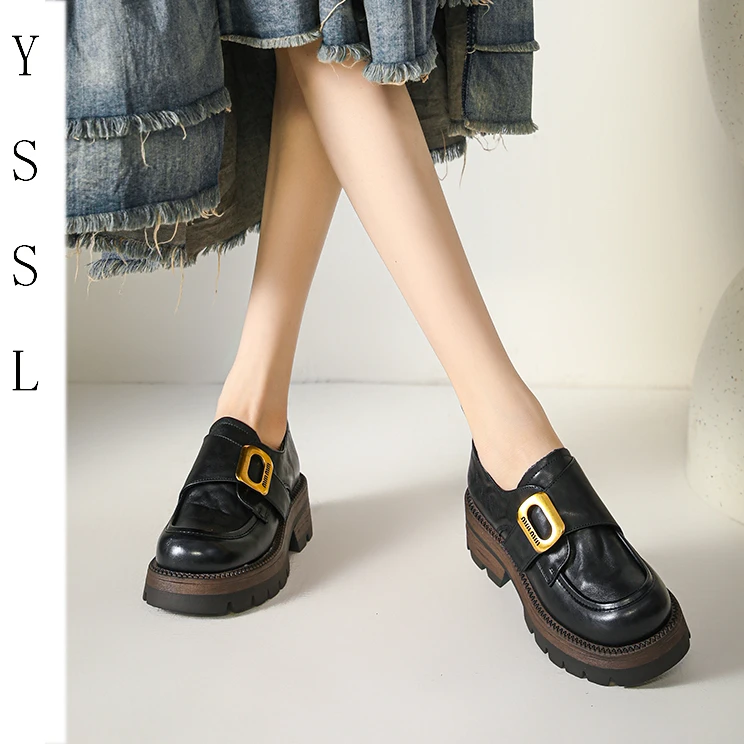 【原始森林】抗震静音头层牛皮乐福鞋/百搭粗跟黑色魔术贴乐福鞋子