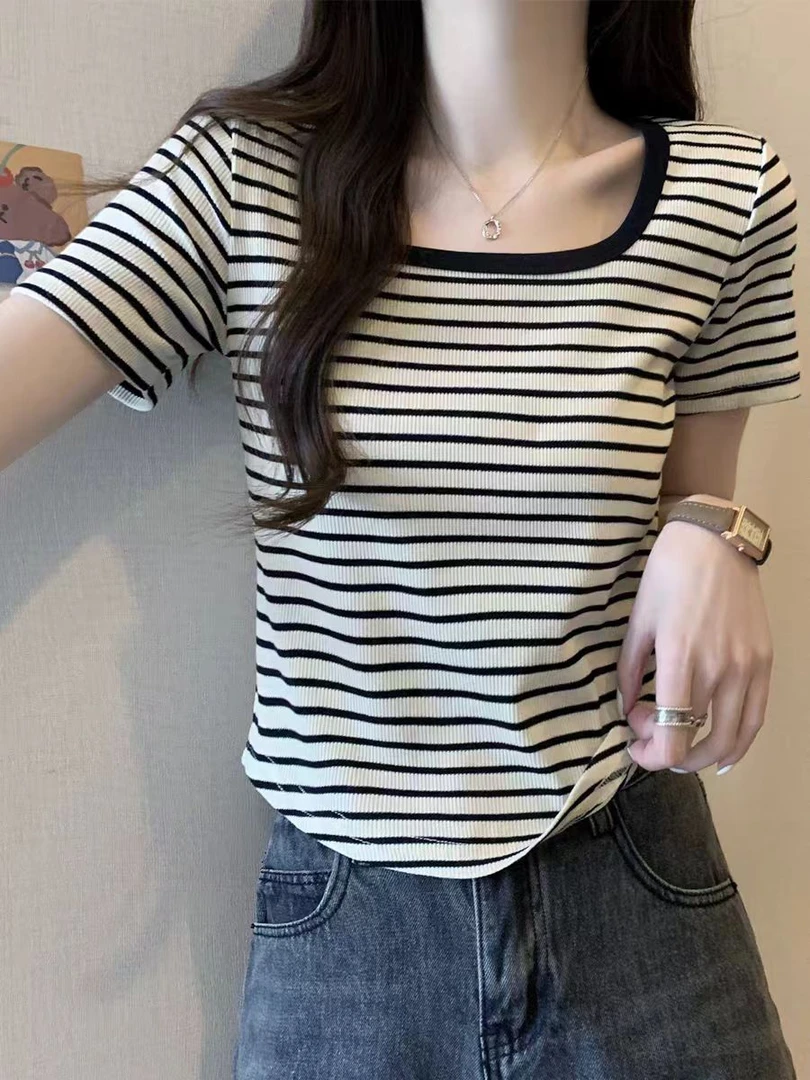 夏季女士显瘦百搭小众修身条纹U领短袖H459