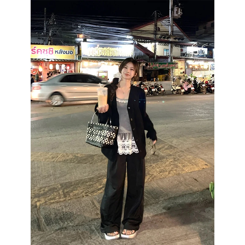 2025春季新款韩系百搭开衫毛衣外套蕾丝拼接吊带叠穿高腰休闲长裤