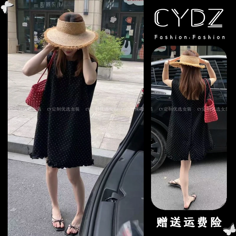韩版复古下摆木耳边波点无袖连衣裙2025新款今年流行爆款背心裙女