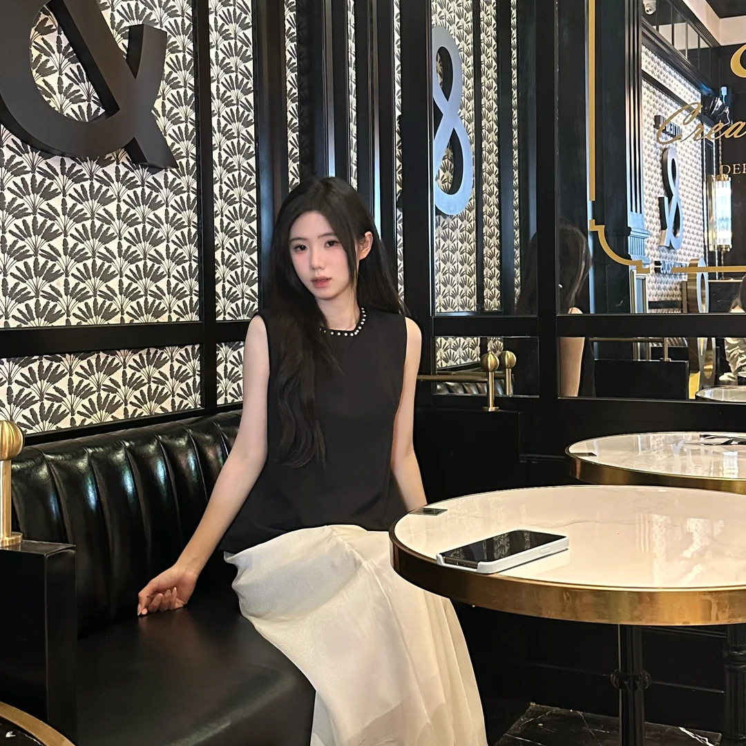 2025夏季新款女法式名媛重工钉珠无袖上衣气质高腰显瘦半身中长裙