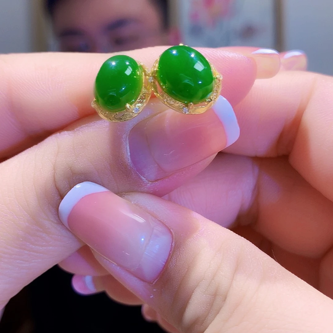 和田玉（碧玉）耳饰银S925镀金镶嵌