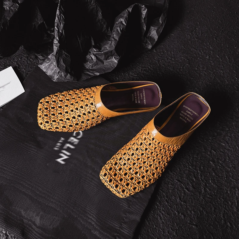 Sheriley77小众百搭黄色手工编织包头拖2025春夏一脚蹬女拖鞋