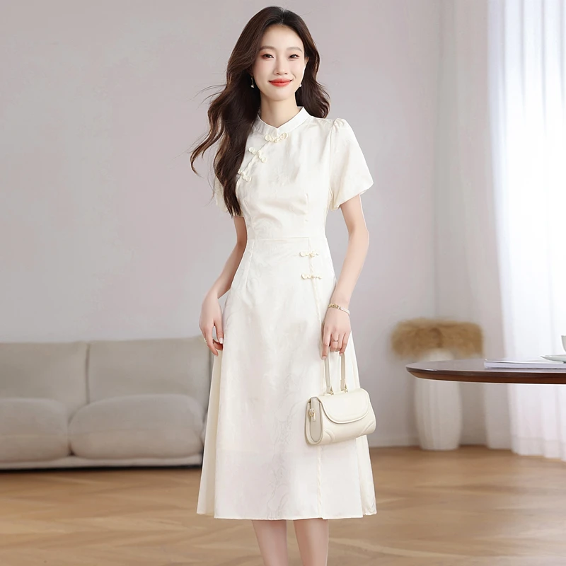少女改良版旗袍夏季新中式轻国风复古高级感超仙气质白色连衣裙女