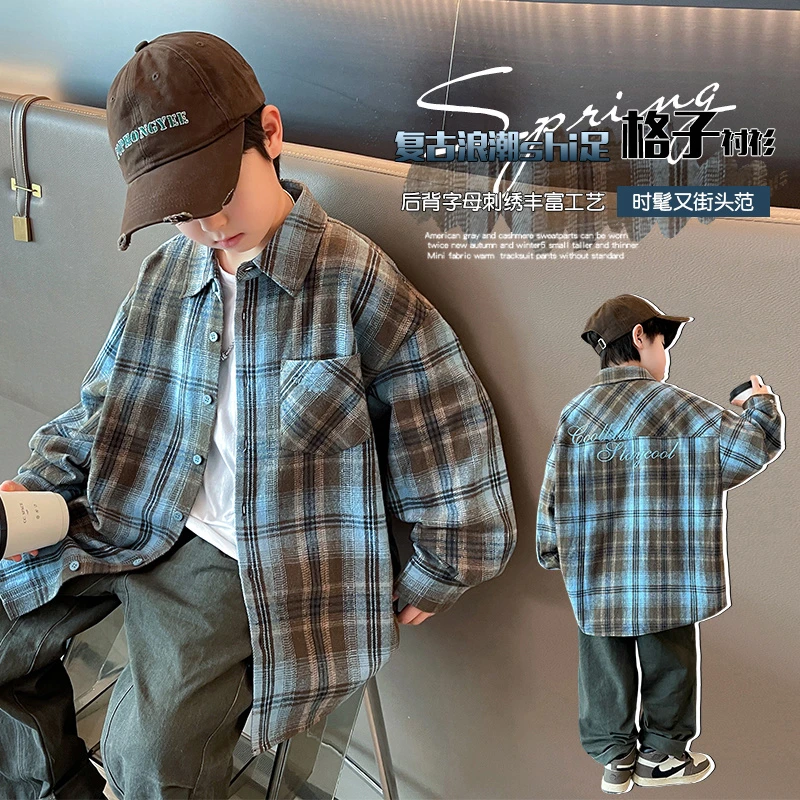 男童格子衬衫休闲长袖男孩春秋POLO领男上衣学生爆款外套儿童衬衣