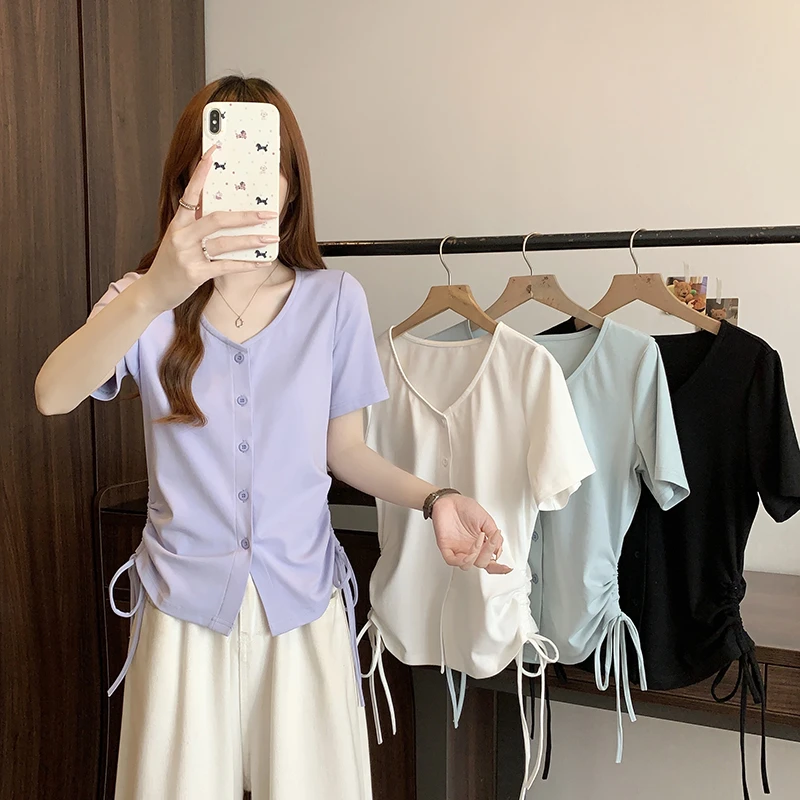 夏装新大码女时尚设计感抽绳女装v领不规则小众短袖T恤洋气衣服女
