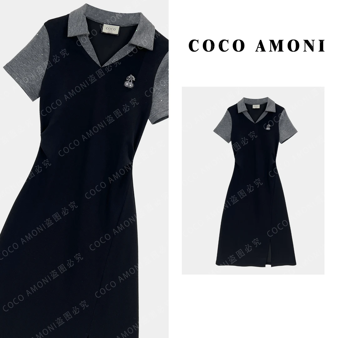 原创新款高级感气质时尚女装拼接褶皱收腰显瘦高定连衣裙AC466