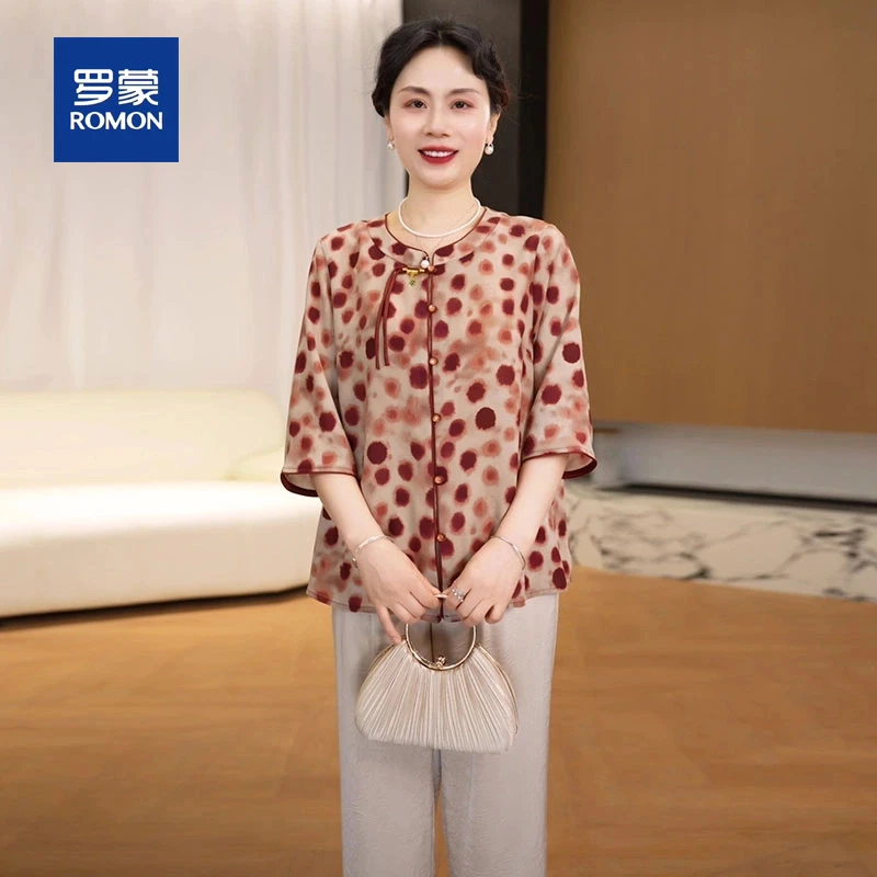 罗蒙妈妈夏装短袖洋气套装新款中老年女装时尚大码新中式两件套装