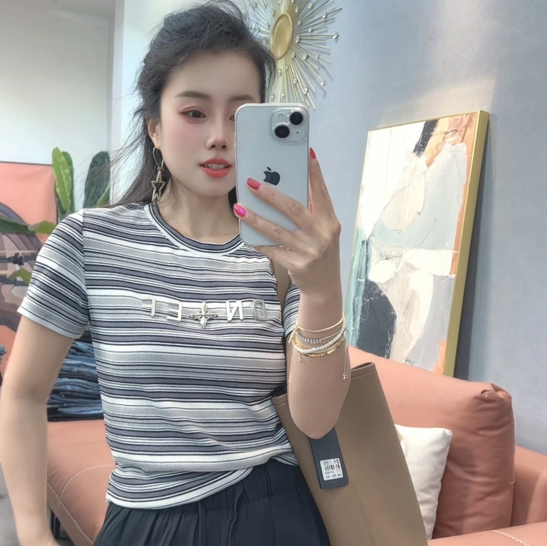 撞色条纹3D条纹复古条纹短款T恤