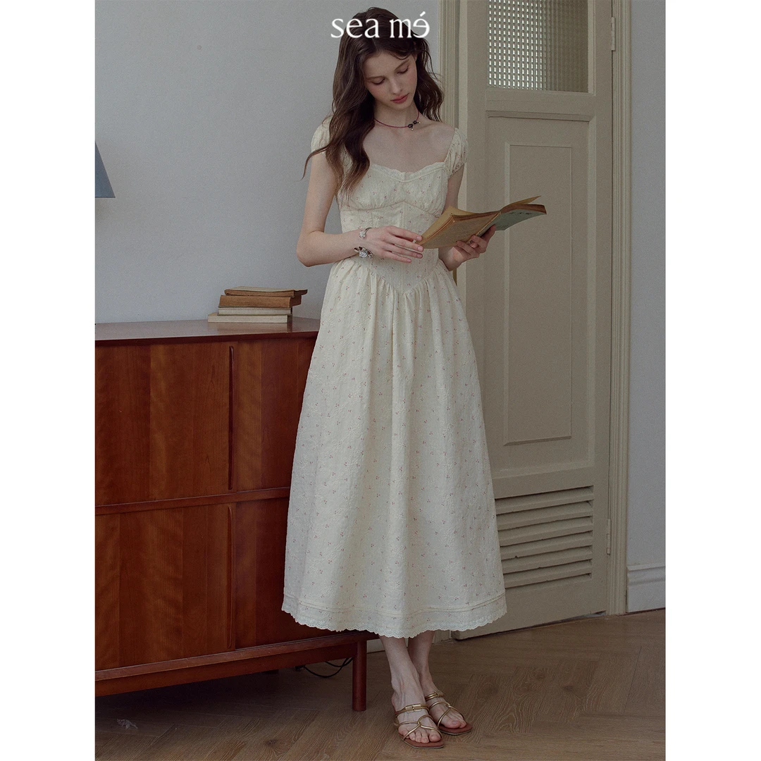 Seame汐觅【十四行诗】温柔复古印花茶歇连衣裙重工刺绣高腰长裙