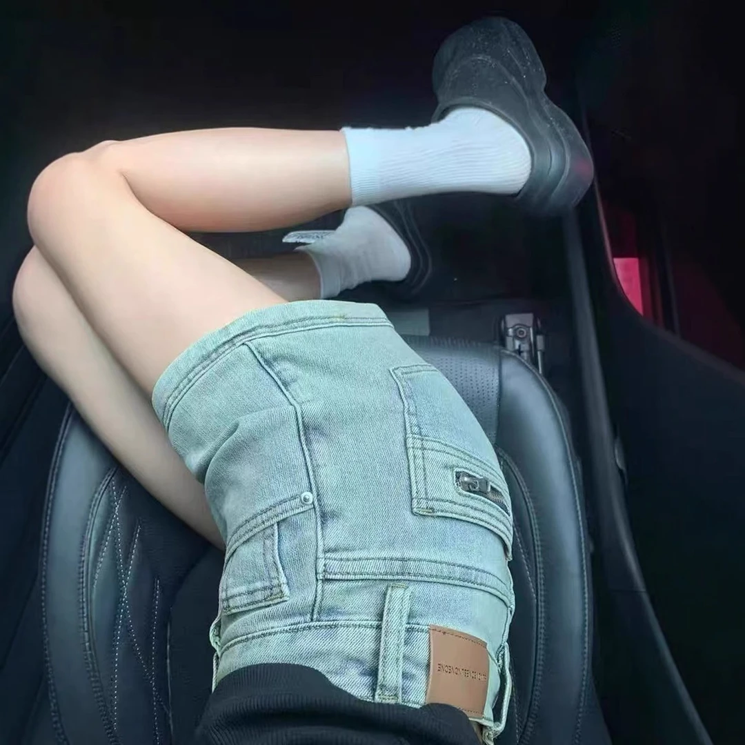 小个子美式复古薄牛仔短裤女夏梨形身材高腰遮胯显瘦辣妹阔腿热裤