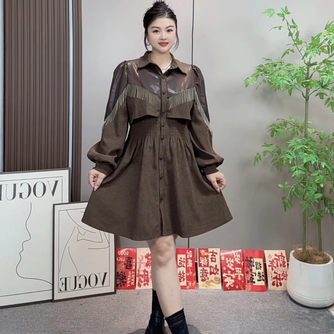 佳奇家秋季新款长袖A字裙翻领大码连衣裙单排多扣POLO领流苏常规