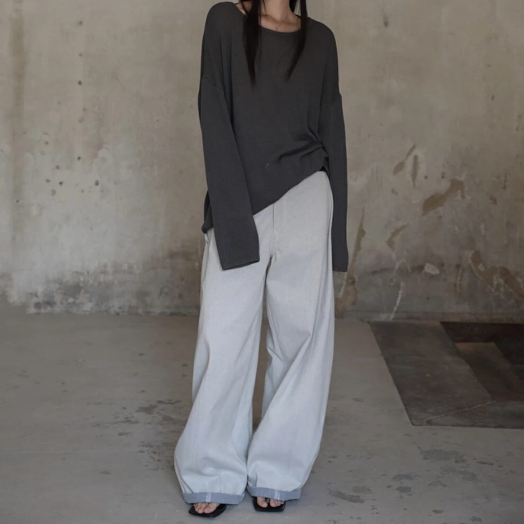 灰白色阔腿休闲牛仔裤女春夏2025新款高腰美式复古直筒百搭设计感