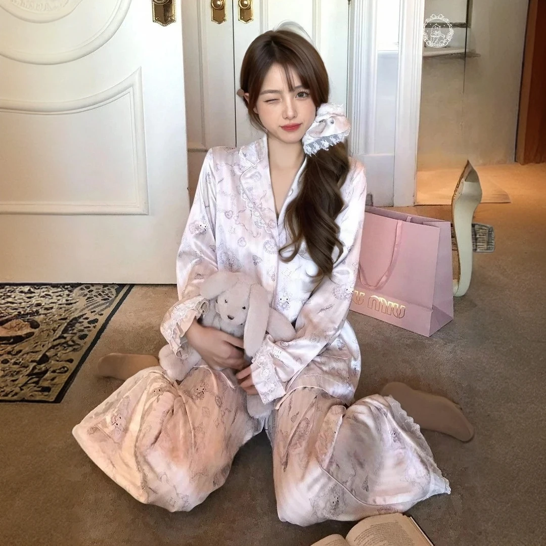 冰丝睡衣女春夏季长袖薄款kitty甜心少女印花缎面甜美家居服套装