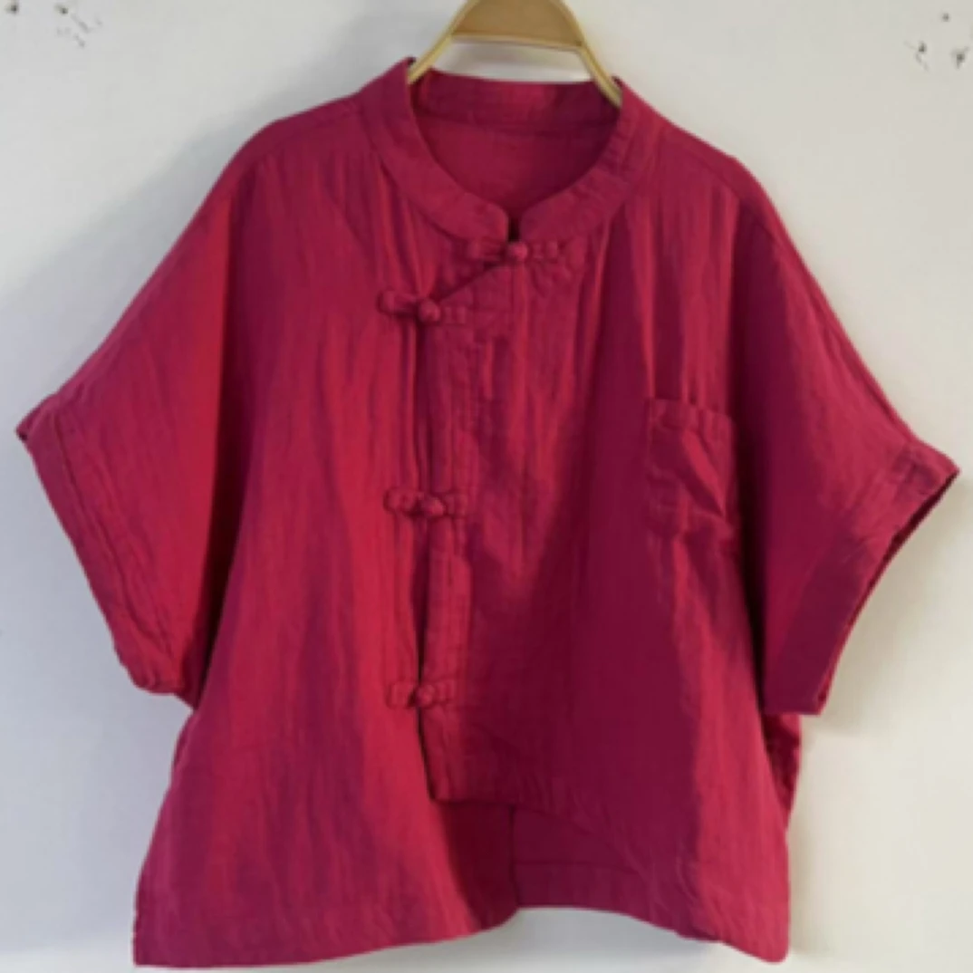 夏季新款双支双沙中式净面盘扣薄款偏襟短袖女