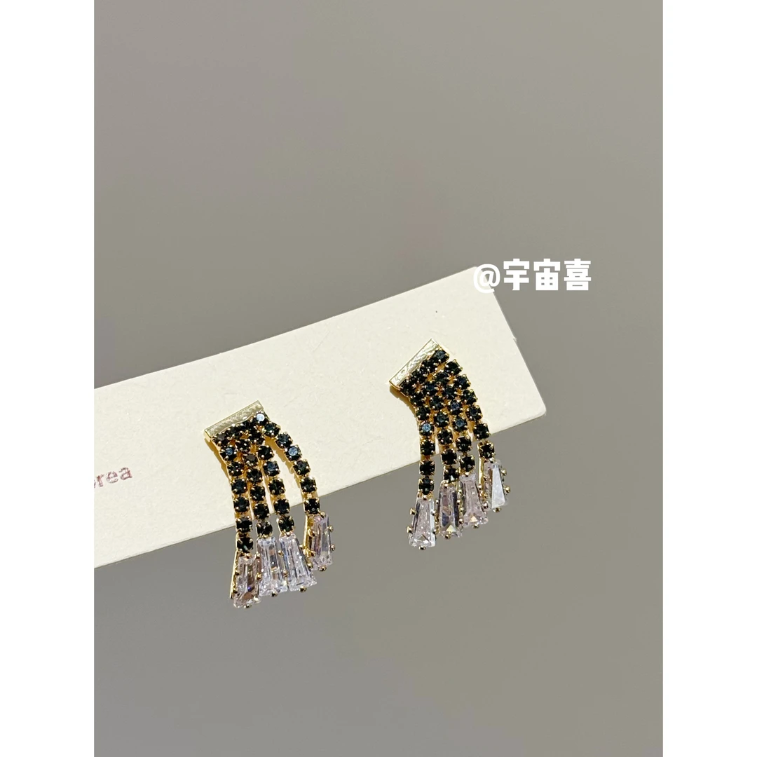 铜合金锆石耳饰 I2-240【mini黑锆拼接白锆流苏耳钉】
