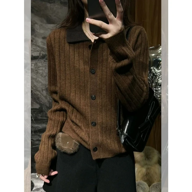 简约知性高级棕色长袖针织毛衣女2025秋季新款潮百搭开衫大码上衣