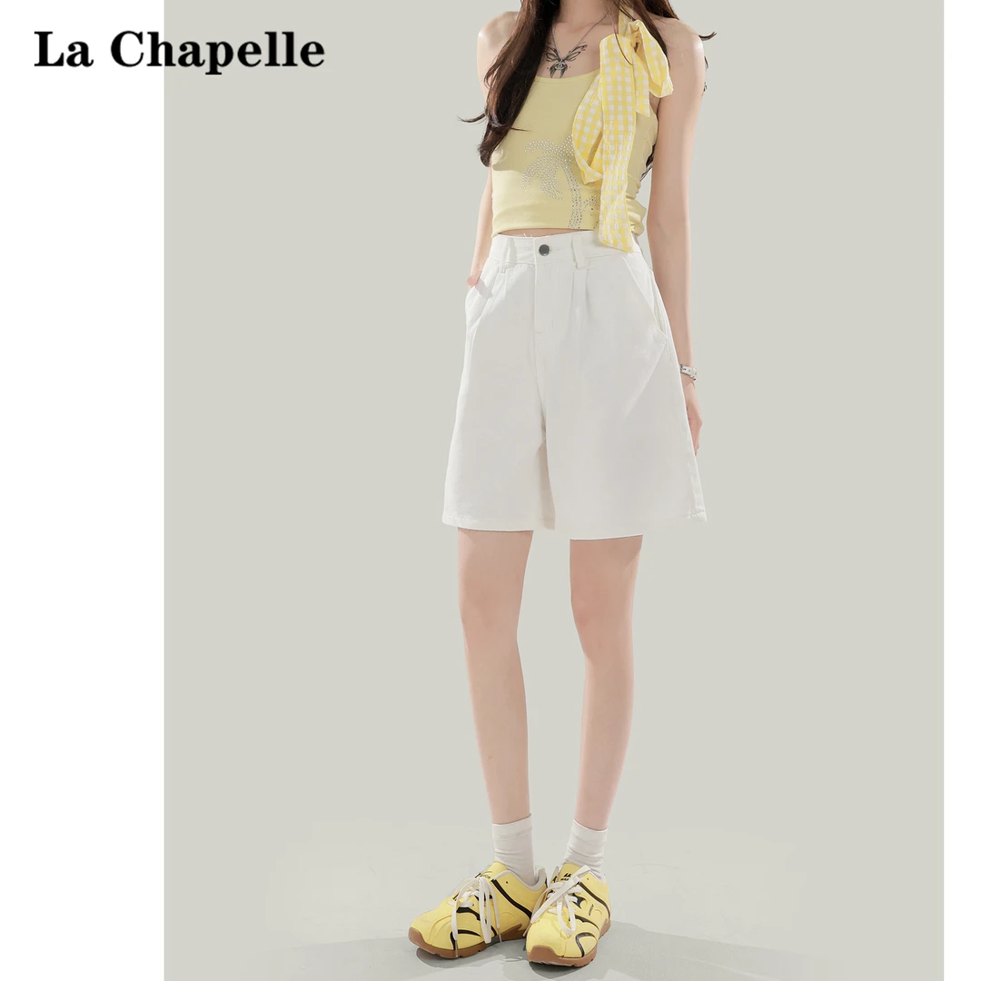 拉夏贝尔白色高腰牛仔短裤女2025夏季新款小个子宽松显瘦五分中裤