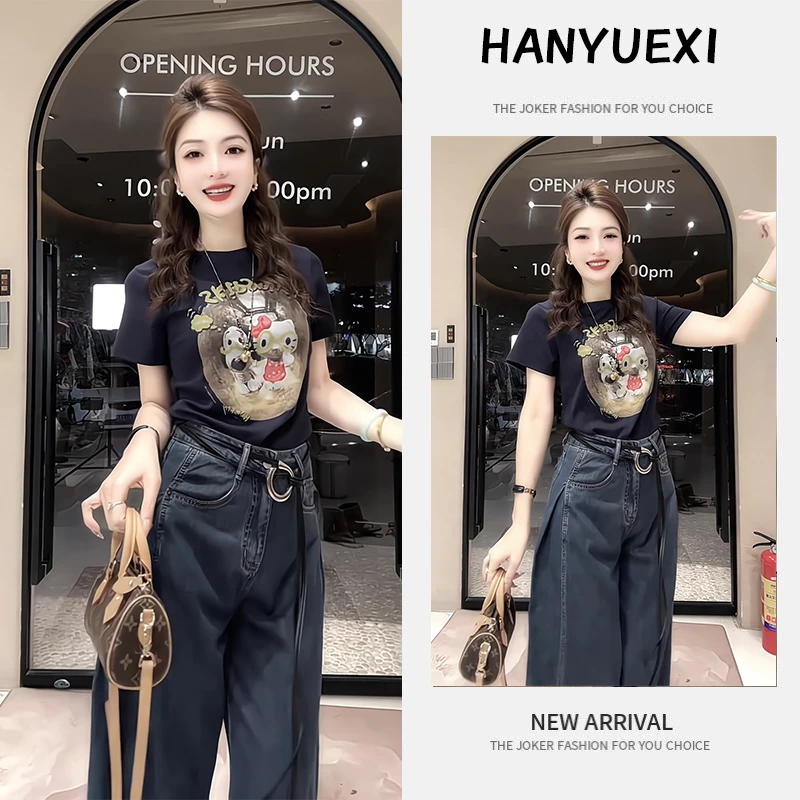 夏季一整套女装2025年新款韩版遮肚显瘦休闲短袖上衣牛仔裤两件套