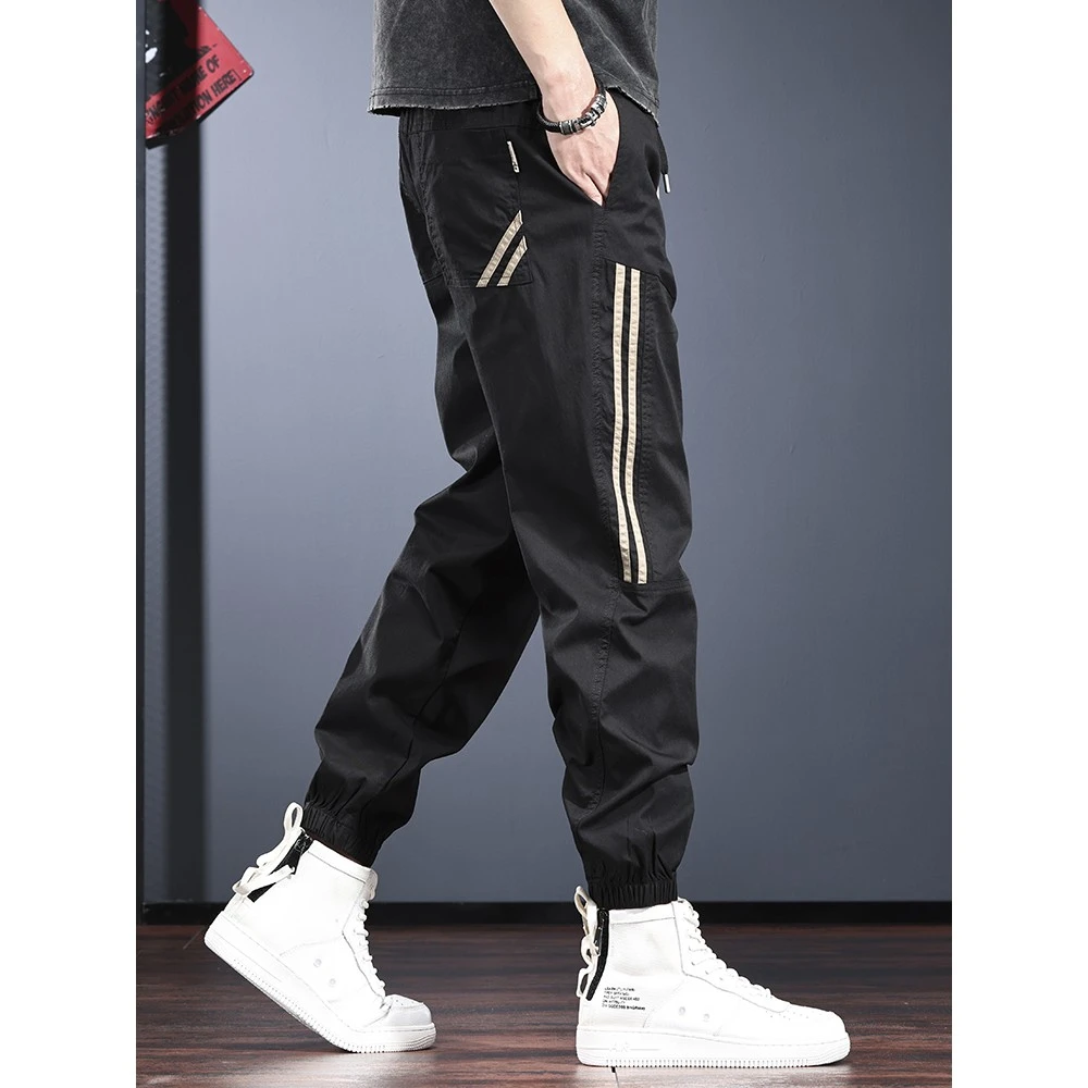 夏季薄款休闲裤男潮牌宽松透气凉感运动裤黑色条纹抽绳束脚哈伦裤