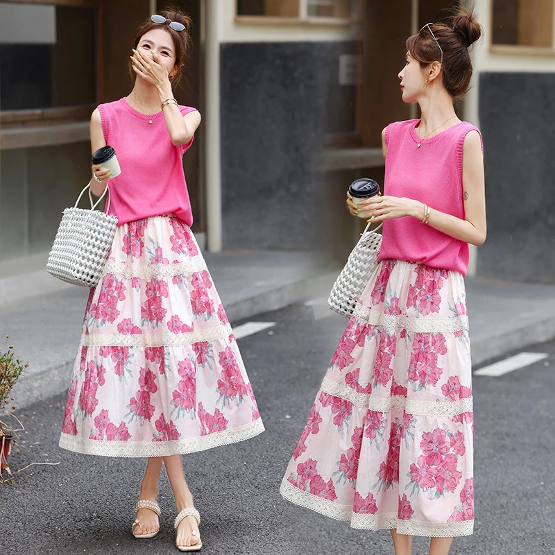 韩系针织上衣碎花套装裙女2025夏季新款时尚蕾丝拼接半身裙两件套