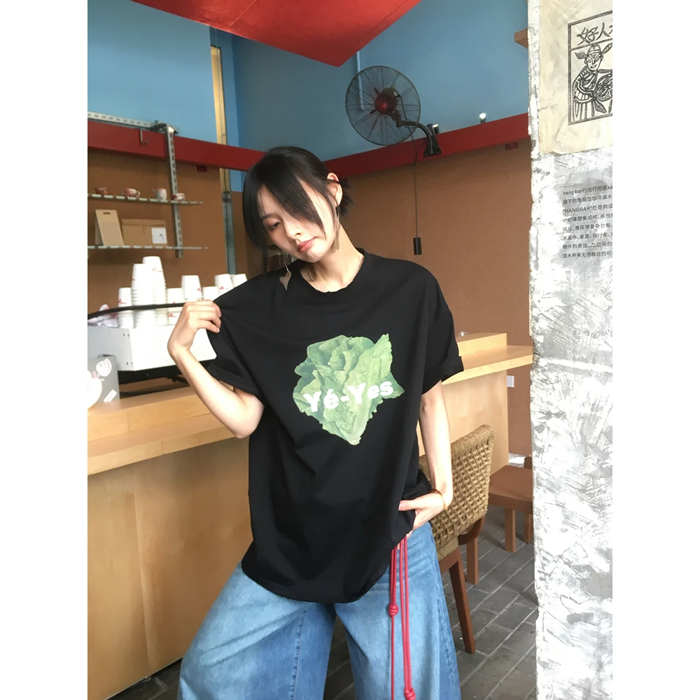 JCCC影子【生菜】黑色慵懒松弛100%棉印花短袖T恤JE5BBT18