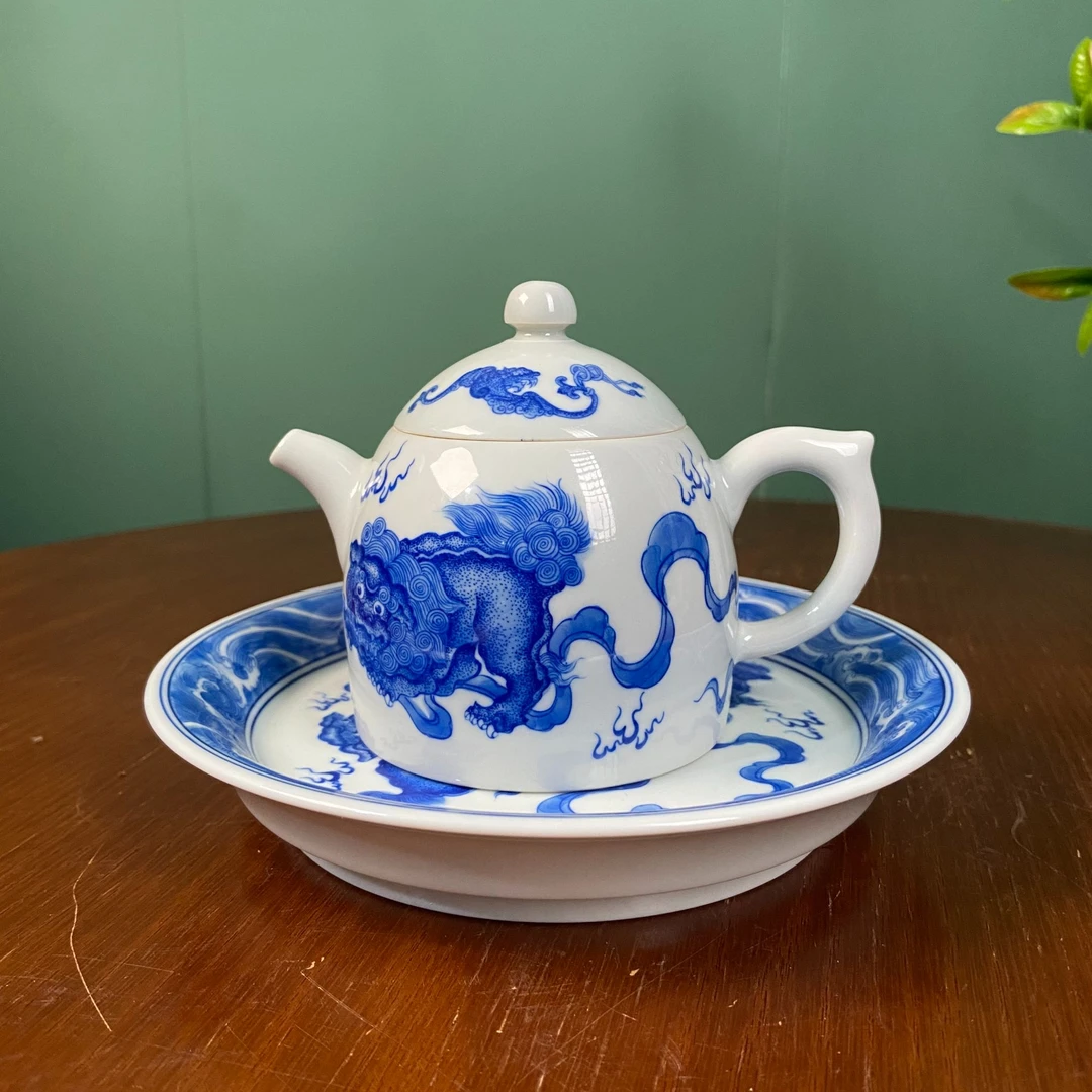 【陶月楼】事事如意双狮戏球秦权壶 壶承手工手绘景德镇茶具