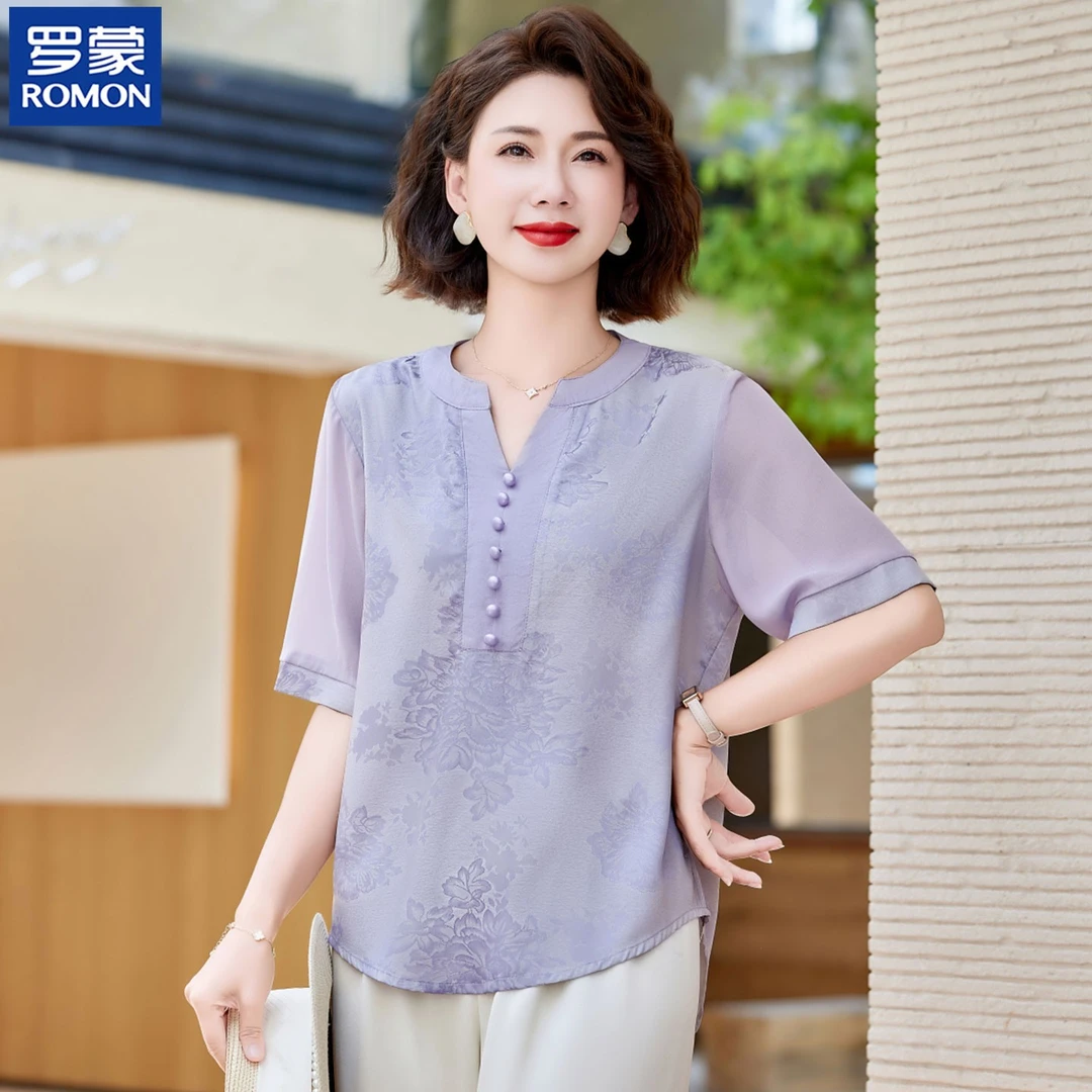罗蒙五十多岁中年妈妈夏装套装短袖中老年女夏天印花宽松冰丝小衫
