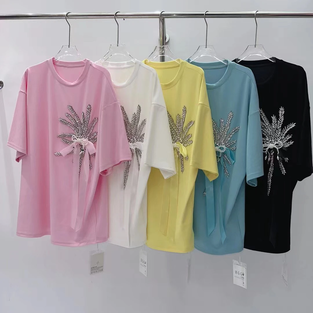 刘媛媛欧货 实拍果时尚百搭甜美水钻重工上衣宽松T恤