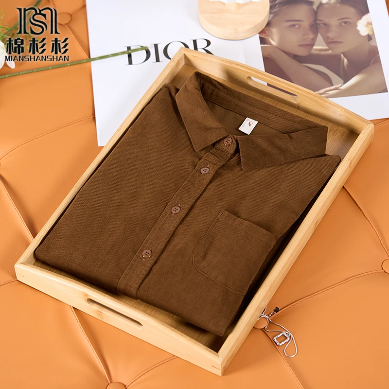 2025春季新款 纯棉灯芯绒厚款竖条长袖衬衫女 尖领文艺复古港风