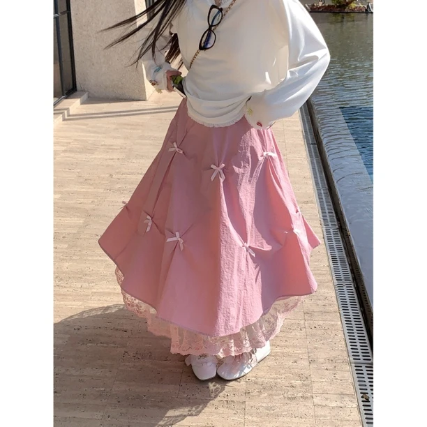 【早春开场白】25815 法式松紧高腰显瘦立体蝴蝶结蕾丝花边半身裙